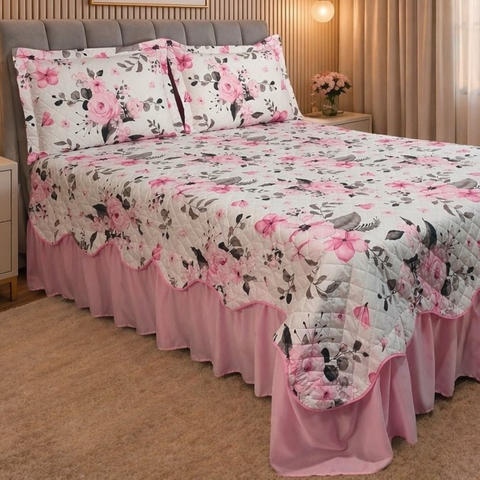 Kit Cobre Leito Casal King Belize Matelassê Rosa Bebê 3 Pçs 400 Fios