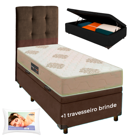 Conjunto Cama Box Bau + Cabeceira + Colchão Solteiro D33 + Travesseiro Ortobom
