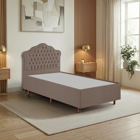 Kit Cama Box Solteiro + Cabeceira Estofada em Madeira Maciça Curva Provençal com Capitonê Marrom