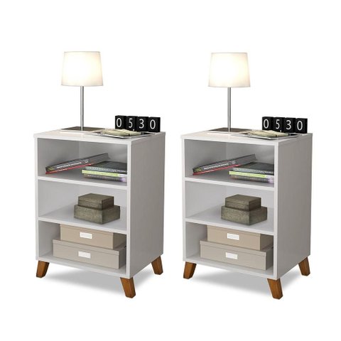 Kit 2 Criados de Cabeceira Retro Pes Palito 3 Nichos Branco