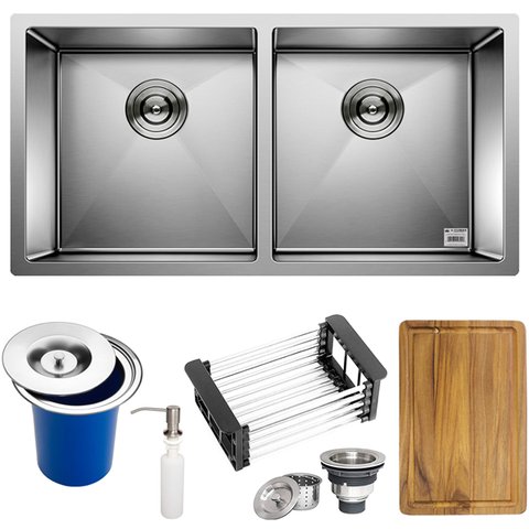 Cuba Dupla Quadrada Inox 304 Cozinha Pia Embutir Gourmet 88x40 Premium Lixeira Embutir 5l, Tábua Mul