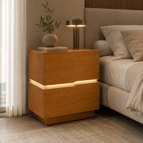 Mesa de Cabeceira 60cm com LED 100% MDF 2 Gavetas Lumiar Linha Alta Moderna Lateral:Naturalle