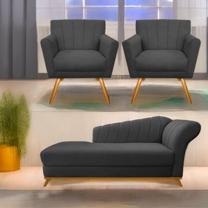Kit Diva Recamier Vanessa 140cm Lado Esquerdo e 02 Poltronas Laura Linho Cor Cinzaescuro