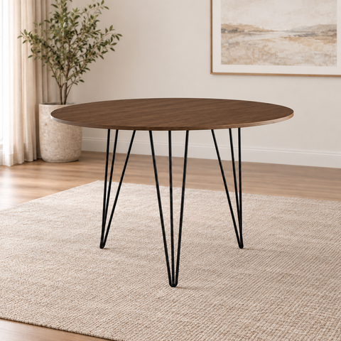 Mesa Sala e Jantar Redonda 90cm Amêndoa Clips 3 Pés Ferro Preto