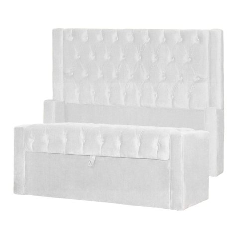Conjunto Cabeçeira mais Calçadeira Baú Emma Suede Cores - DS Estofados Queen Branco
