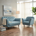 Ver imagem 2 de Kit Namoradeira + 1 Poltrona Decorativa Dália Linho Azul Pés Madeira