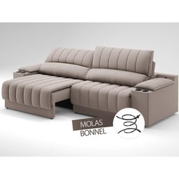 Sofá com Porta Copos Carregador USB Ret Rec Murano 2,30m Velosuede Bege - NETSOFAS - 6