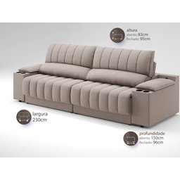 Sofá com Porta Copos Carregador USB Ret Rec Murano 2,30m Velosuede Bege - NETSOFAS - 3