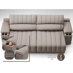 Sofá com Porta Copos Carregador USB Ret Rec Murano 2,30m Velosuede Bege - NETSOFAS - 2