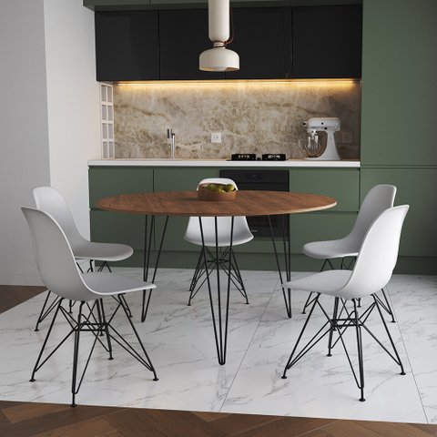 Mesa Jantar Redonda 110cm Amêndoa Clips 3 Pés com 5 Cadeiras Eames Eiffel Brancas Ferro Preto