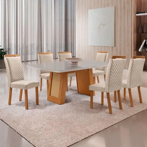 Mesa Jantar Carolina 6 Lugares MDF Vidro Serigrafado Off White 180cm Moderna