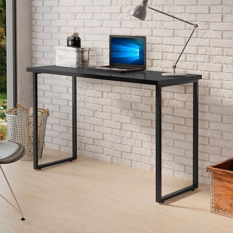 Escrivaninha Aparador 1,20m Industrial Pé Ferro Preto Tampo Preto Home Office Escritório - Preto