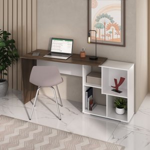 Escrivaninha Mesa Escritório em L ou Reta com Nichos Moderna Urban Ipê/Branco