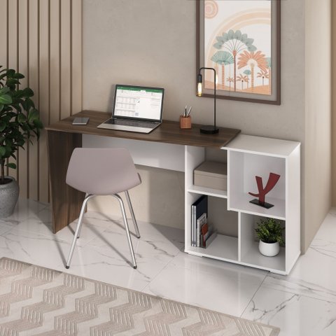 Escrivaninha Mesa Escritório em L ou Reta com Nichos Moderna Urban Ipê/Branco 124,2cm Ipê E Branca
