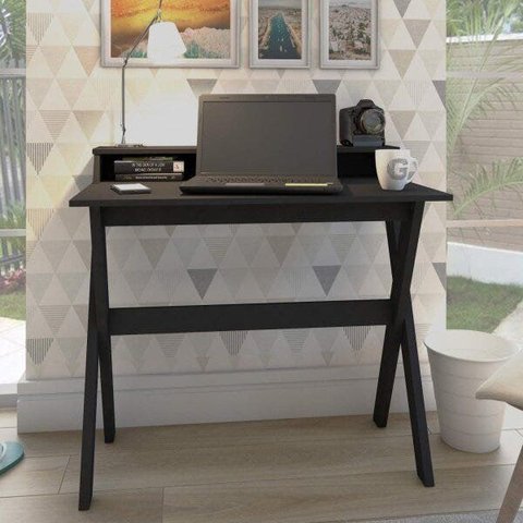 Escrivaninha Mesa Escritório Retrô com Pés Angulares Itália 3 Nichos 90cm Preto