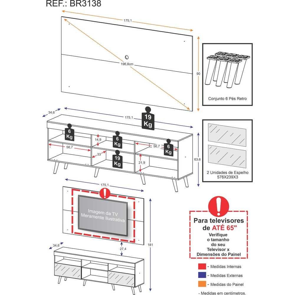 Rack c/ Painel TV 65" Retrô com Espelho Holanda Multimóveis BR3138 Preto - 4