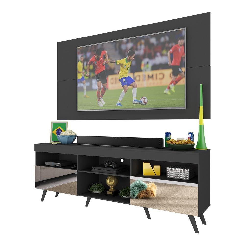 Rack c/ Painel TV 65" Retrô com Espelho Holanda Multimóveis BR3138 Preto - 2