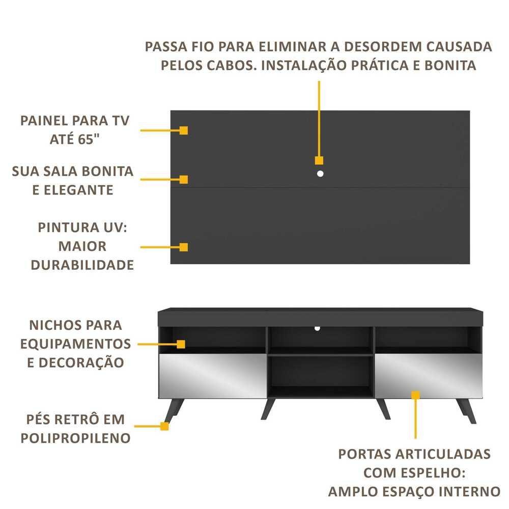 Rack c/ Painel TV 65" Retrô com Espelho Holanda Multimóveis BR3138 Preto - 3