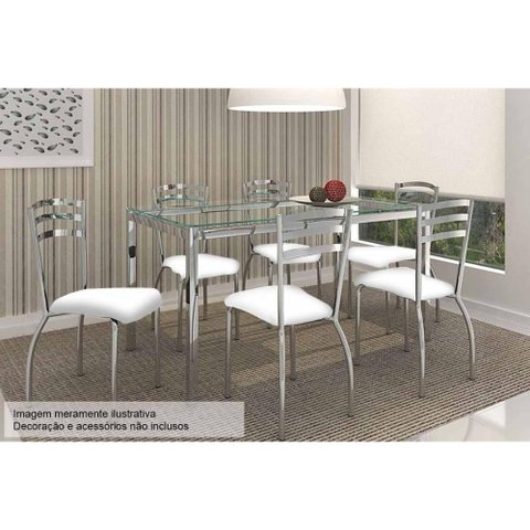 Sala de Jantar Completa Reno C- Tampo Vidro 150x80cm e 6 Cairas Portugal Cromada - Assento Branco