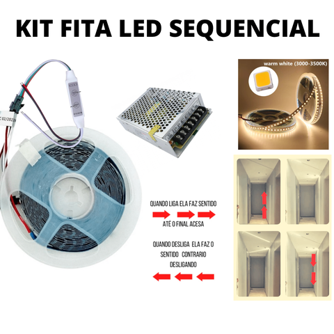 Kit Fita Led 3528 120 Led’s 5 Metros Sequencial 24v Branco Quente 3000k + Fonte 5a