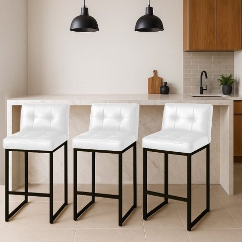 Banqueta Cozinha Alta com Encosto Industrial Kit 3 Preto Lirina Pu Branco C05 - D’Rossi