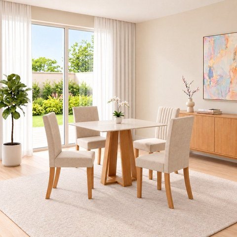 Conjunto Sala de Jantar Mesa Lisa 90cm com Tampo MDF Canto Reto 4 Cadeiras Lily