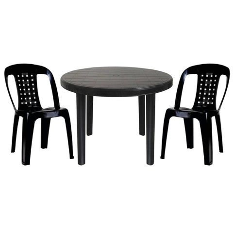 Mesa Redonda Plástico Desmontável 94cm Preta + 2 Cadeiras Vime Empilhável