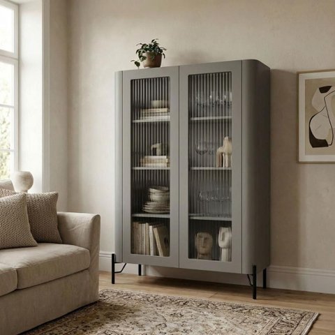 Cristaleira Bend 2 Portas 3 Prateleiras MDF Vidro Canelado Grigio com Preto Casa Lar Shop