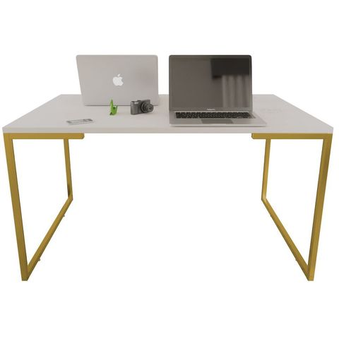 Mesa Escritório Base Metal Dourado Tampo Branco 90 Cm