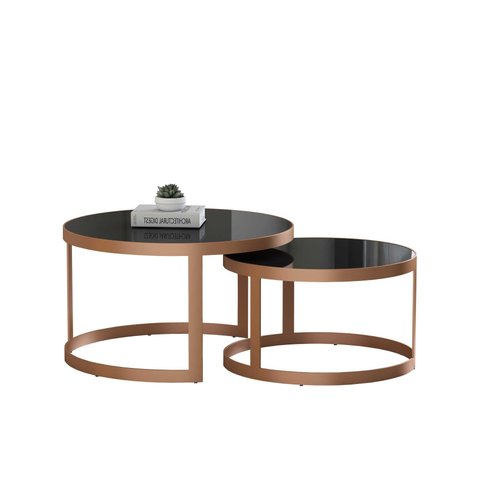 Kit Mesa de Centro Redonda Sala Tampo Vidro Preto Estrutura Aço Carbono Cobre