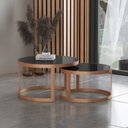 Ver imagem 2 de Kit Mesa de Centro Redonda Sala Tampo Vidro Preto Estrutura Aço Carbono Cobre