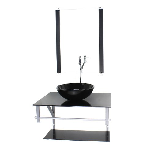 GABINETE DE VIDRO PARA BANHEIRO 60CM AC CUBA REDONDA PRETO FULL COM TORNEIRA CROMADA