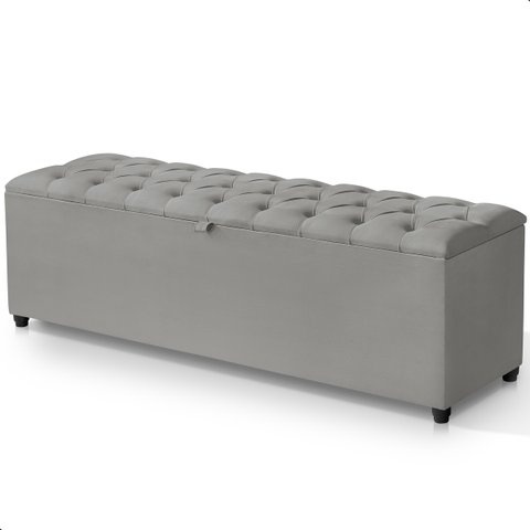 Recamier Baú Berlim Veludo Cinza Queen 1,50m Estofado Pés Pvc Preto