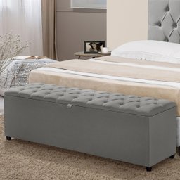 Recamier Baú Berlim Veludo Cinza Queen 1,50m Estofado Pés Pvc Preto - 2