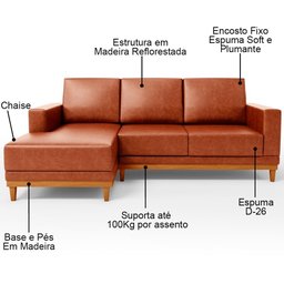 Sofá 3 Lugares 200cm Living com Chaise Esquerdo Sala de Estar Kayrós D05 Sintético Camel - Mpozenato - 2
