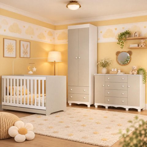 Quarto de Bebê Completo com Berço Americano 3 em 1 e Colchão Incluso Flor Multimóveis MP4944
