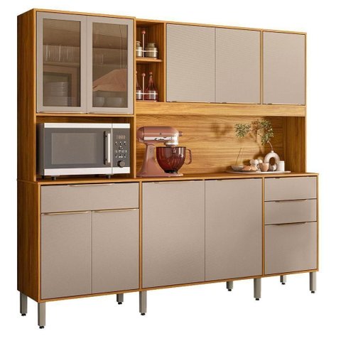 Kit Cozinha Compacta Pleno 10 Portas 3 Gavetas MDF 218cm Cinamon e Nude Demóbile