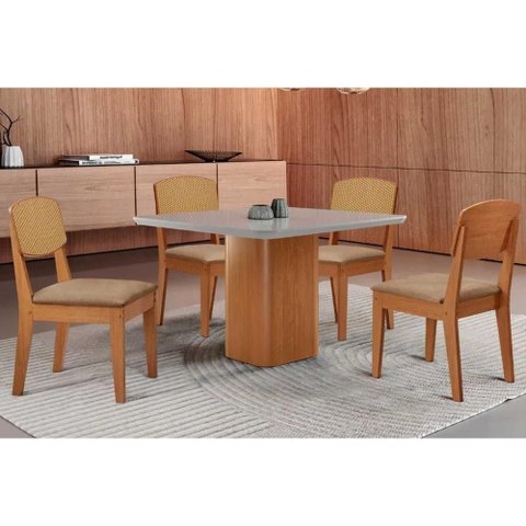 Sala Jantar Mesa Maldivas Tampo C/ Vidro Curvo 90cm+4 Cadeiras Havana Naturale/off White - Linho