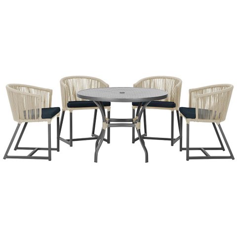 Mesa com 4 Cadeiras de Jantar Roma 100cm e Noronha em Aluminío Preto Corda Nautica Estofado 12 Trama