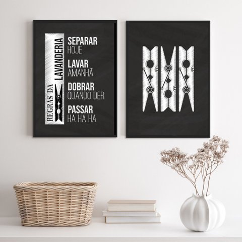 Kit 2 Quadros Decorativos Lavanderia Preto e branco 24x18cm - com Vidro:madeira Preta
