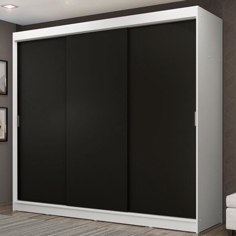 Guarda-Roupa Casal Madesa Kansas 3 Portas de Correr 3 Gavetas Branco/Preto Cor:Branco/Preto