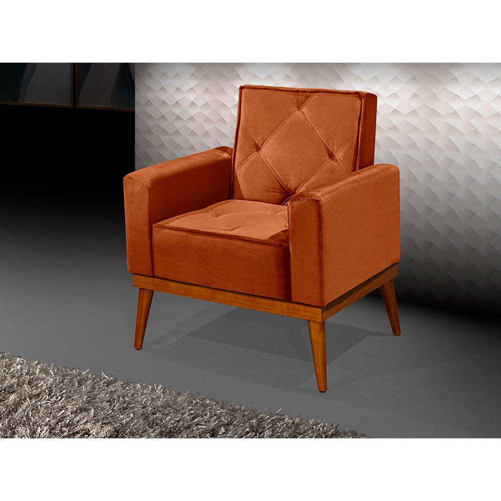 Kit 2 Poltronas Decorativa Florença Pés em Madeira Maciça Estofado Veludo - Laranja Terracota - 2