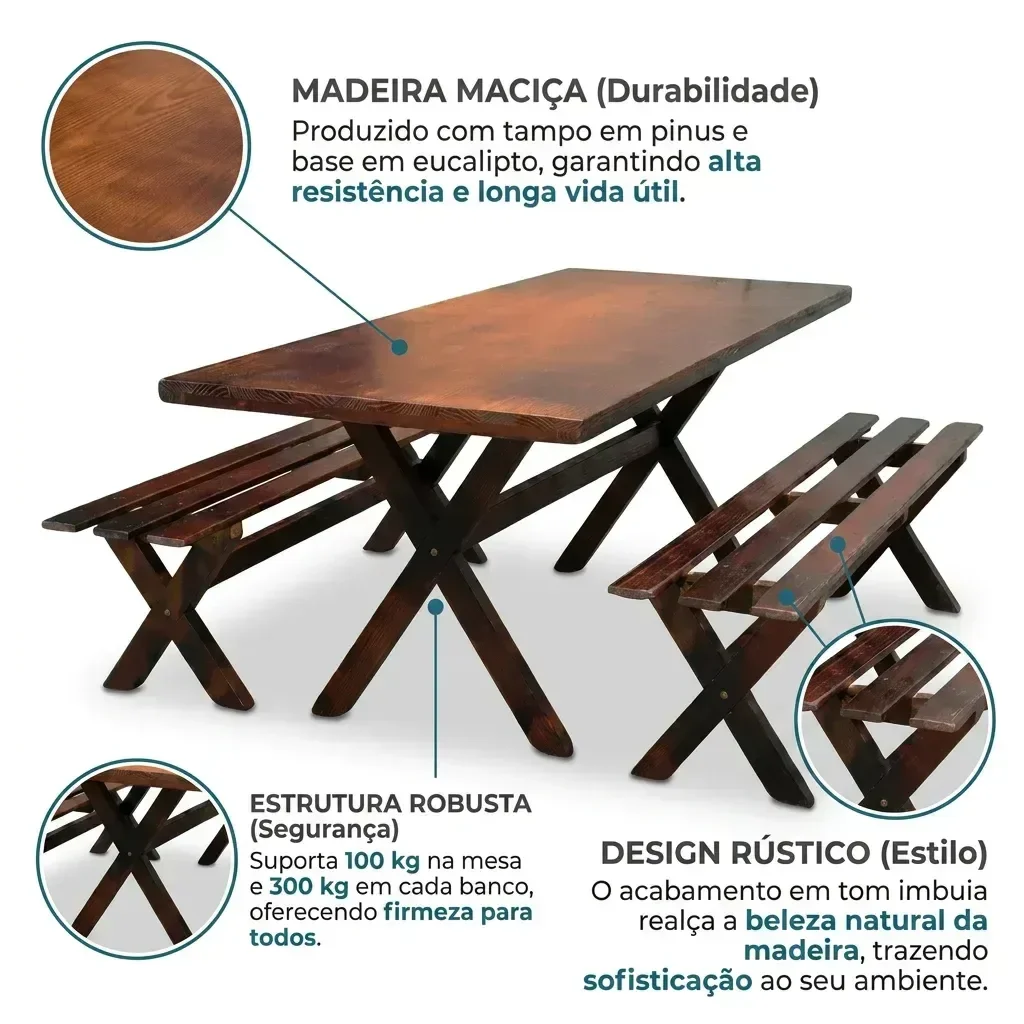 Ver imagem 4 de Mesa para Churrasco Área Externa com 2 Bancos Madeira Maciça 200cm Yescasa Imbua Marrom