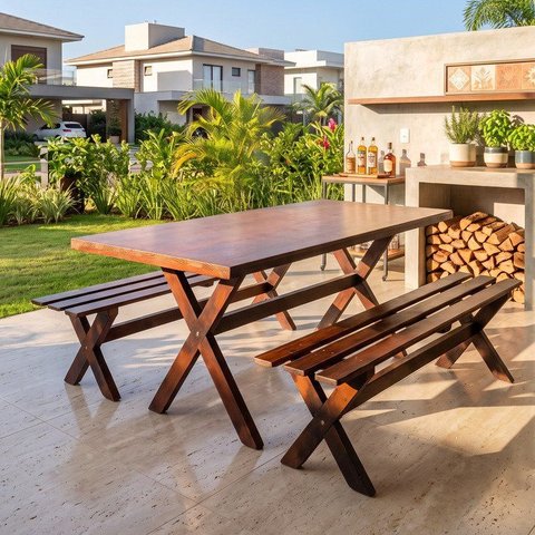 Mesa para Churrasco Área Externa com 2 Bancos Madeira Maciça 200cm Yescasa Imbua Marrom