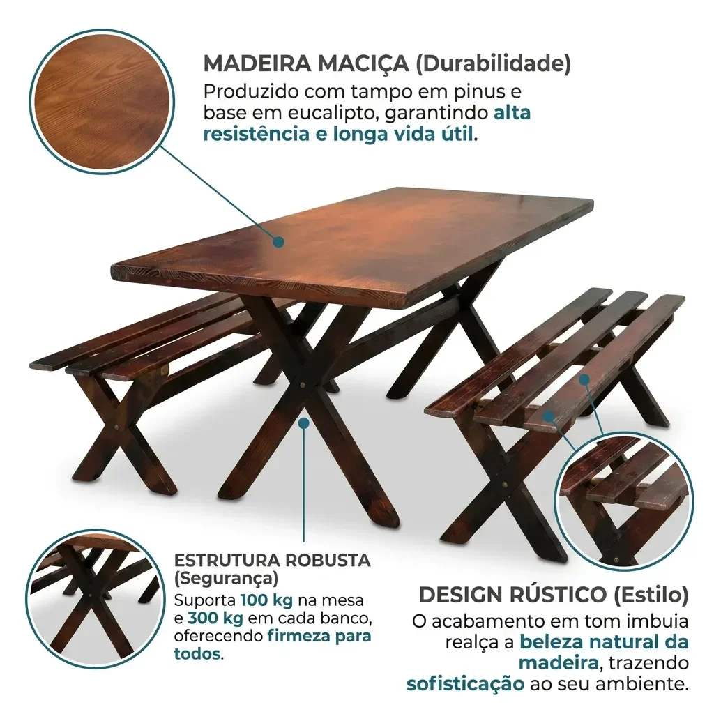 Ver imagem 4 de Mesa para Churrasco Área Externa com 2 Bancos Madeira Maciça 200cm Yescasa Imbua