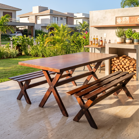 Mesa para Churrasco Área Externa com 2 Bancos Madeira Maciça 200cm Yescasa Imbua Marrom