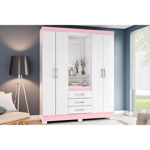 Guarda Roupa Solteiro 4 Portas e 3 Gavetas C/ Espelho e Pés Briz B24 Branco/rosa - Henn