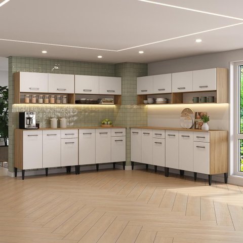 Cozinha Compacta Arizona Living 20 Portas 4 Gavetas MDF MDP Carvalho com Branco Móveis Carraro