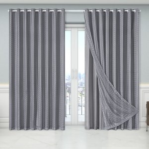 Cortina Dual Forro Microfibra com Voil Xadrez 4,00 M X 2,70 M Cinza