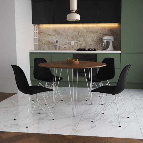 Mesa de Jantar Redonda 90cm Amêndoa Clips 3 Pés com 4 Cadeiras Eames Eiffel Pretas Ferro Branco